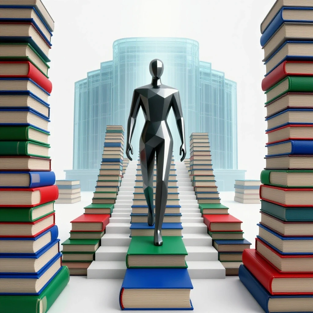 Abstract figure ascends vivid book staircase toward a radiant academic building on a bright background.
