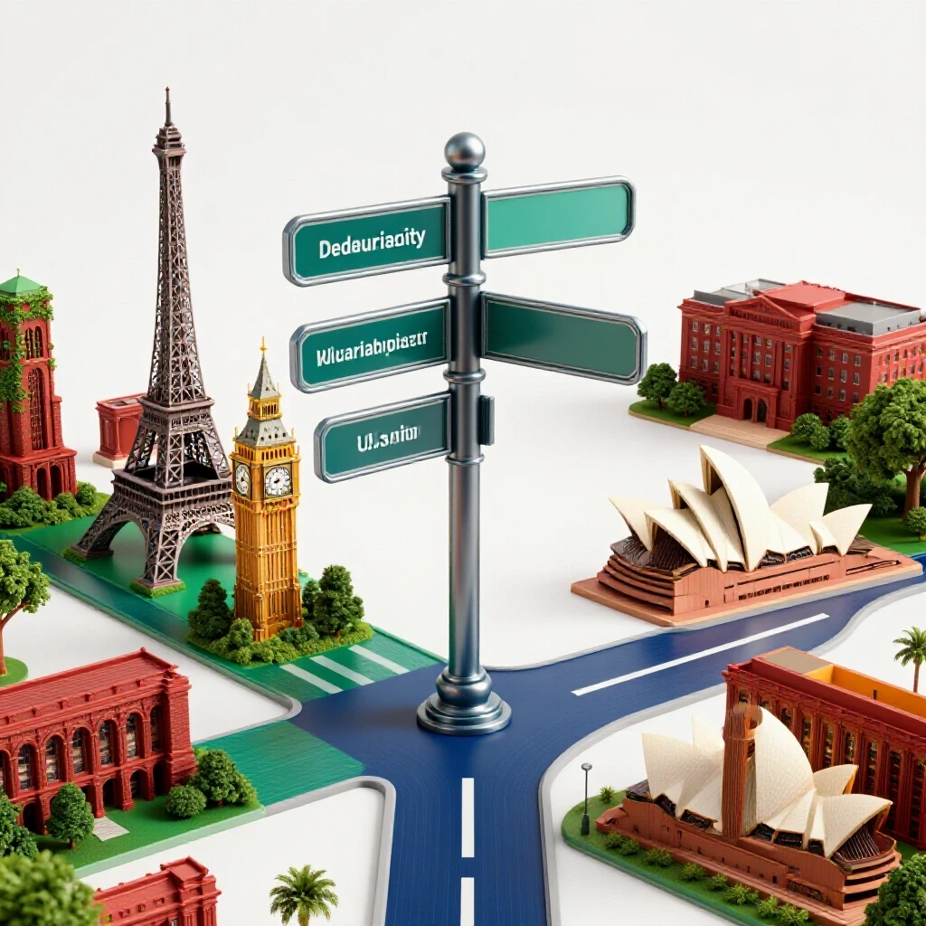 A crossroads signpost with international landmarks on one path and U.S. university architecture on the other in a clean, well-lit space.