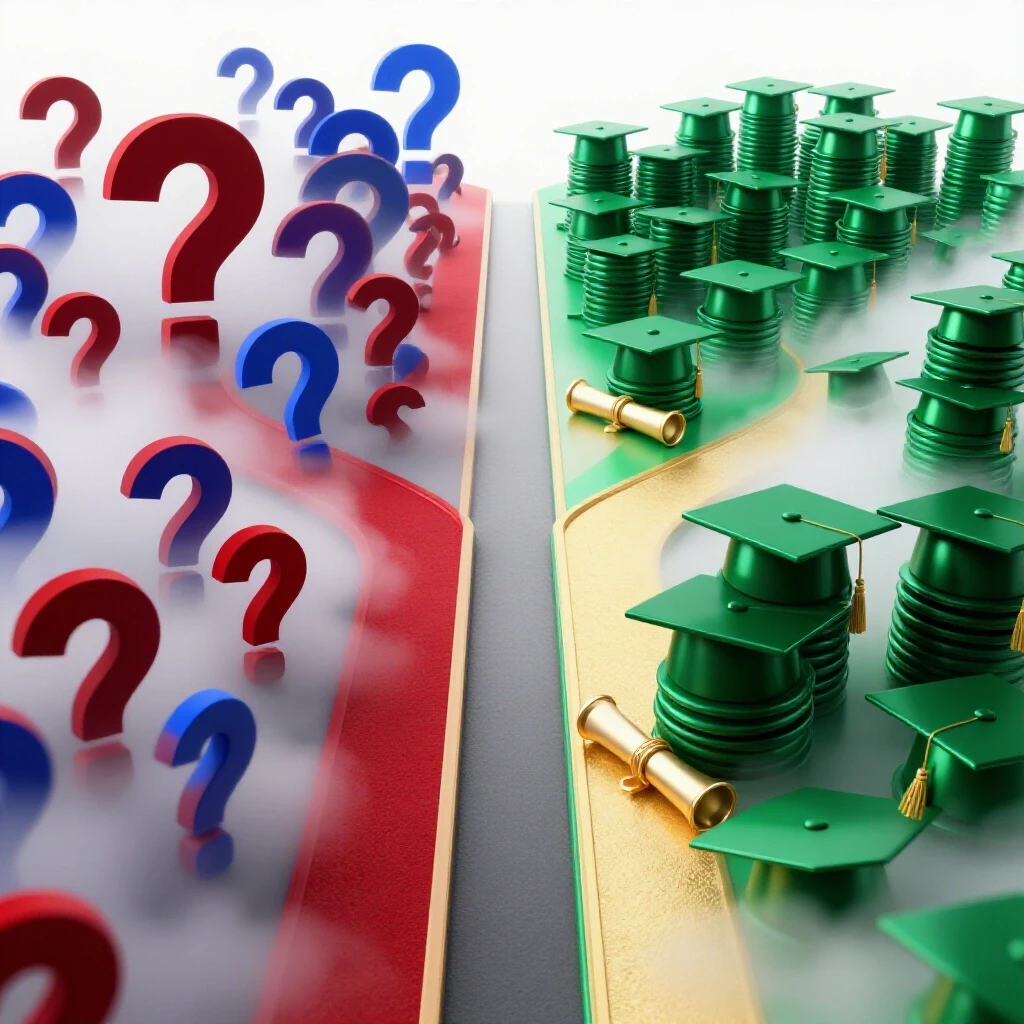 Diverging paths: one obscured with mist and abstract shapes, the other bright with clear academic symbols.