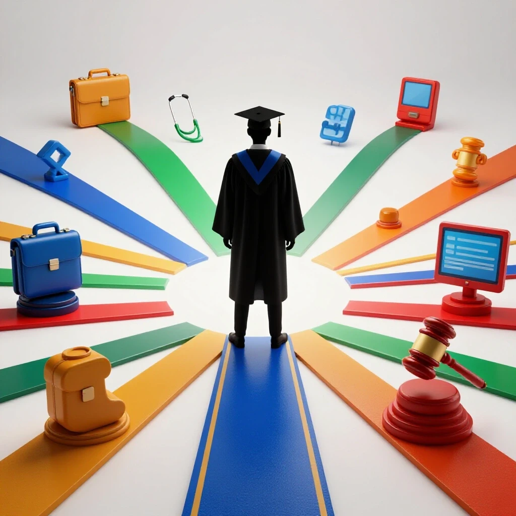 Confident graduate at crossroads with vibrant glossy career paths and dynamic professional symbols
