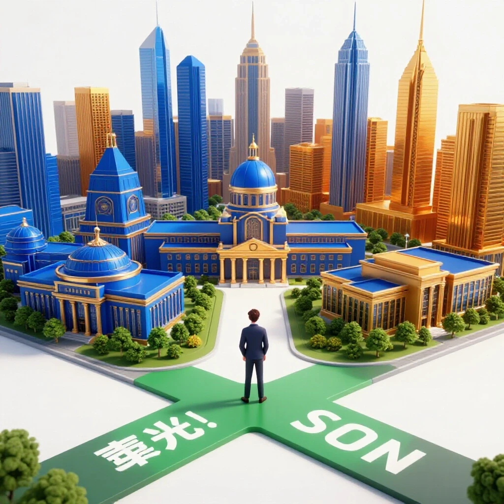 Central figure stands at crossroads choosing between academic campus and vibrant city skyline, evoking pivotal career choice.
