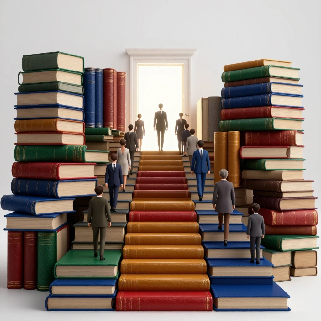 Staircase of vibrant books leads symbolic adult figures of all ages toward a glowing doorway, symbolizing opportunity.