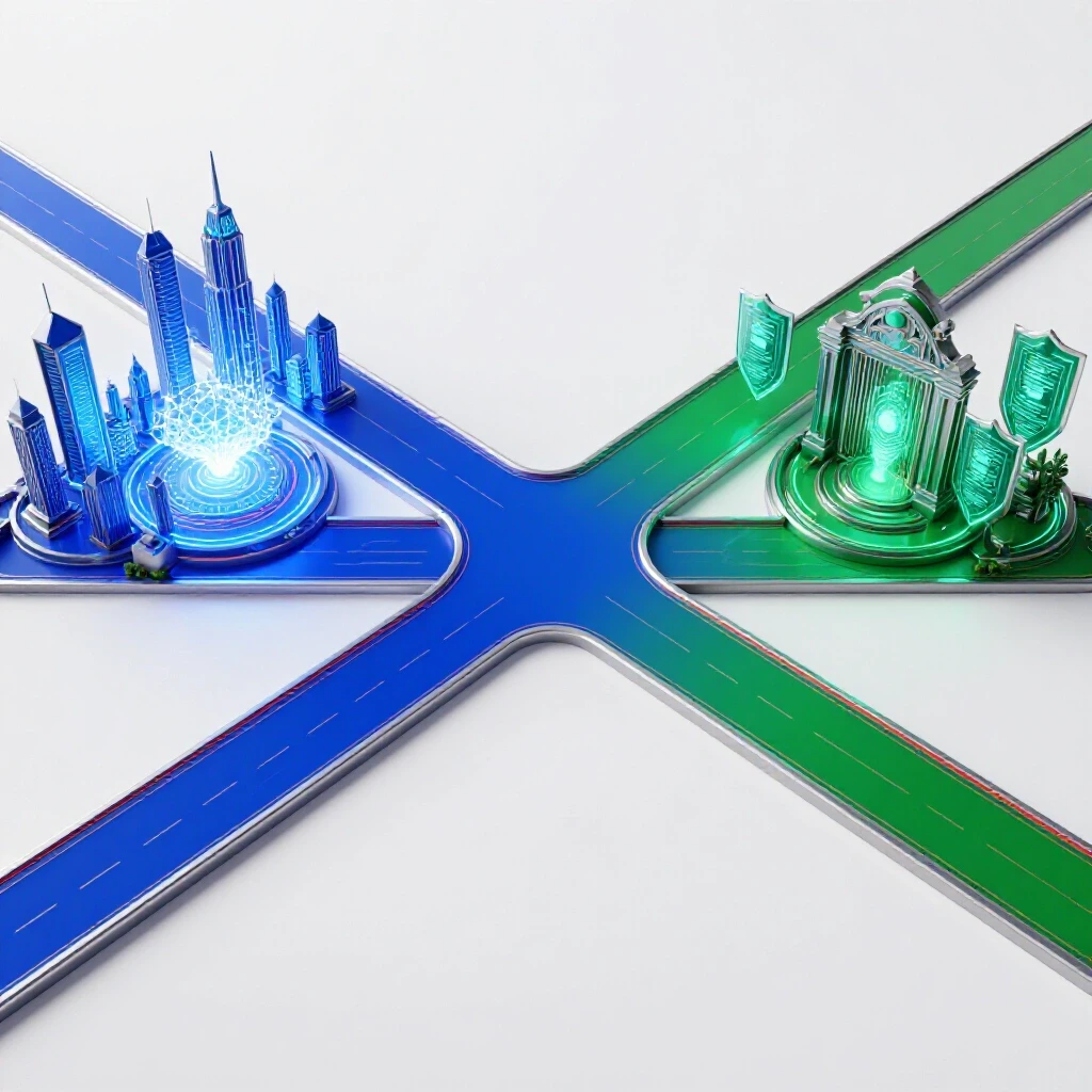 Futuristic crossroads with a glowing neural city on one path and a secure digital sanctuary on the other, symbolizing AI resilience choices.