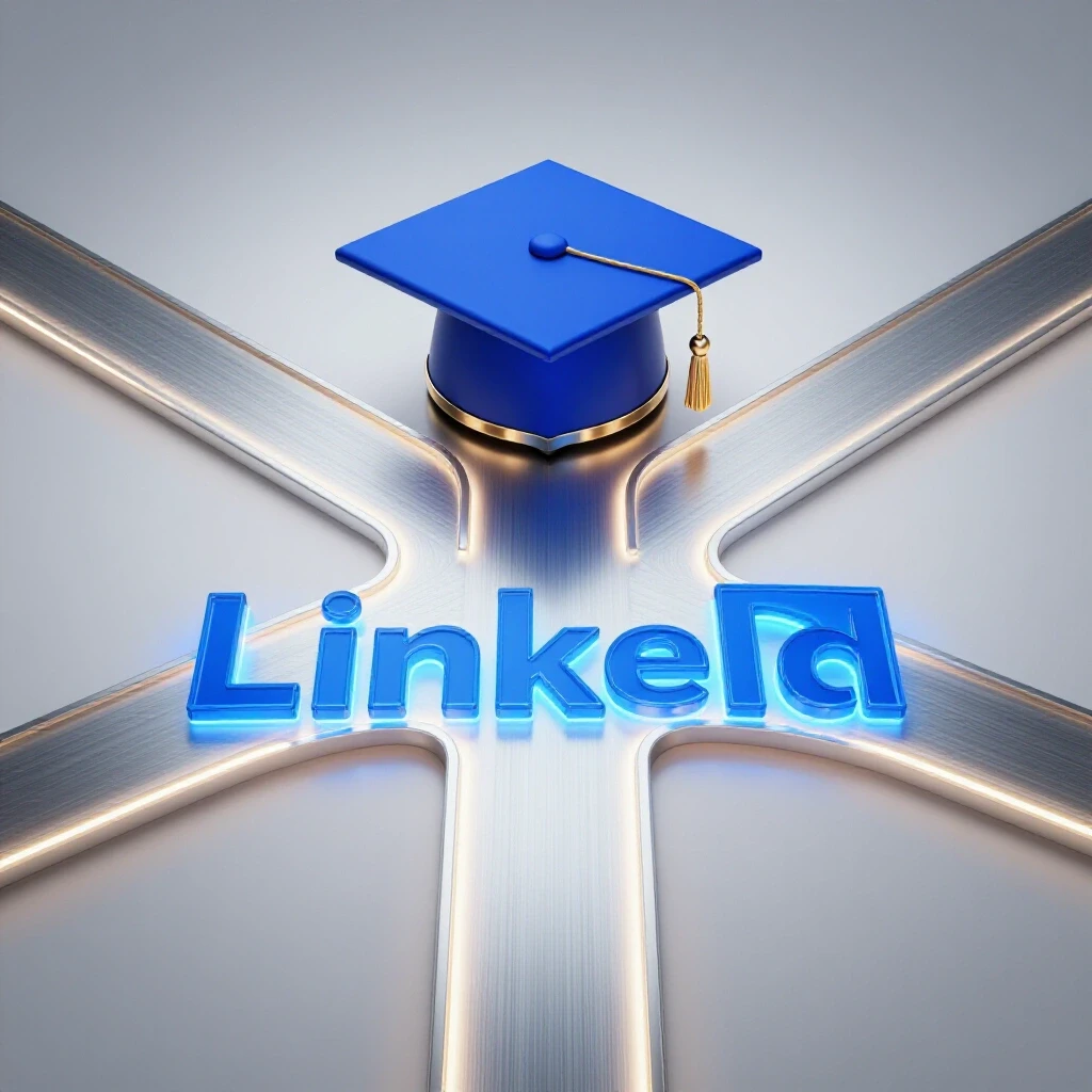 A glowing blue graduation cap and illuminated LinkedIn logo at a crossroads on a bright background.