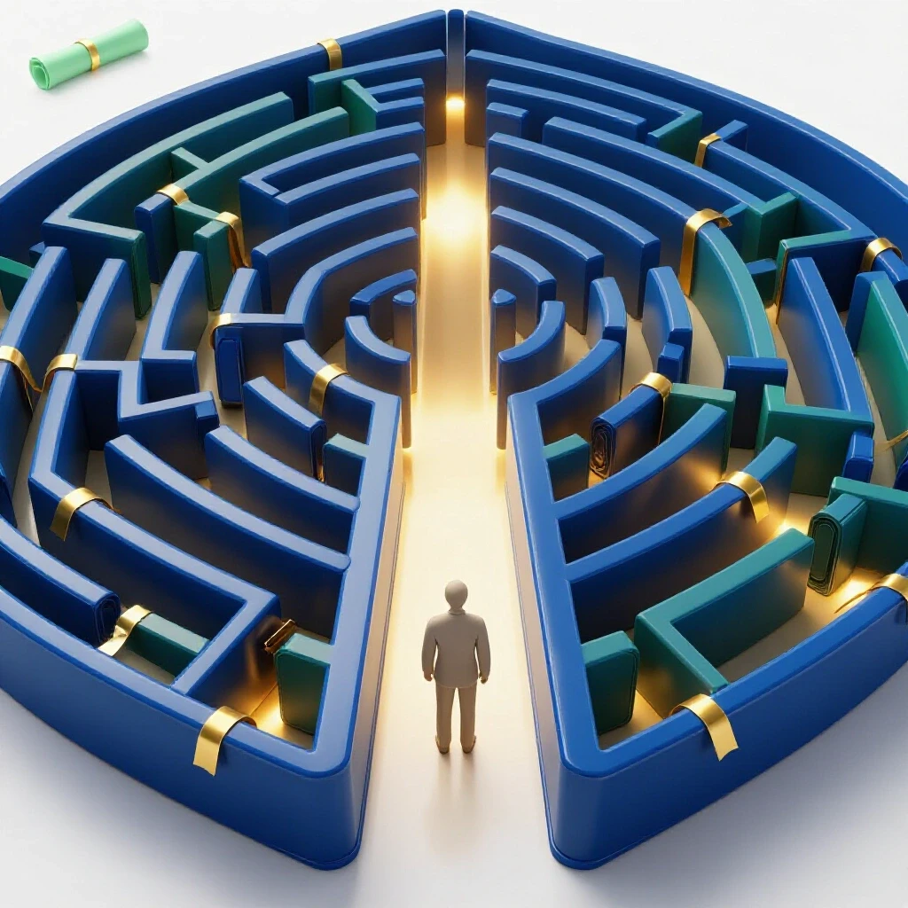 Maze of diploma scrolls with golden pathways and a lone figure, set on a bright background for visual impact.