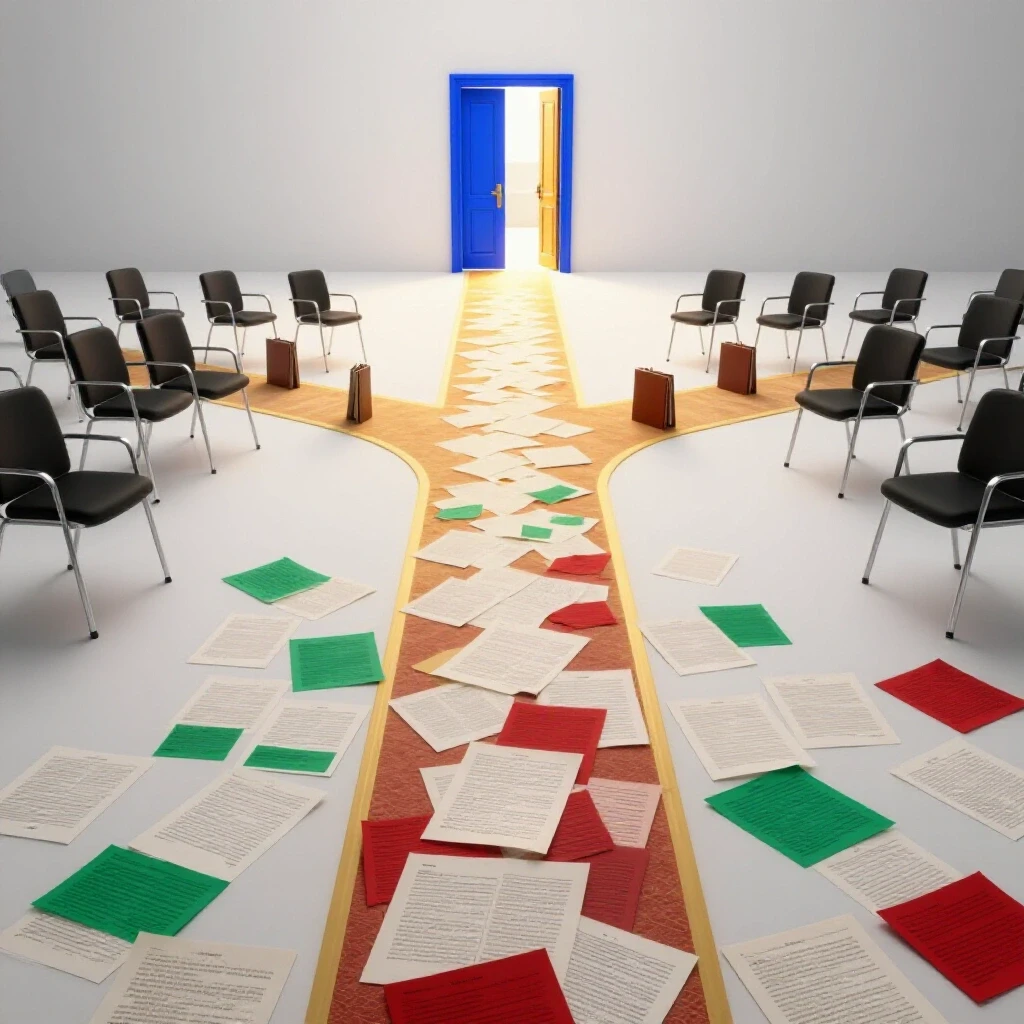 A crossroads with scattered, marked-up documents on one path and an illuminated university door on the other, symbolizing application review and opportunity.