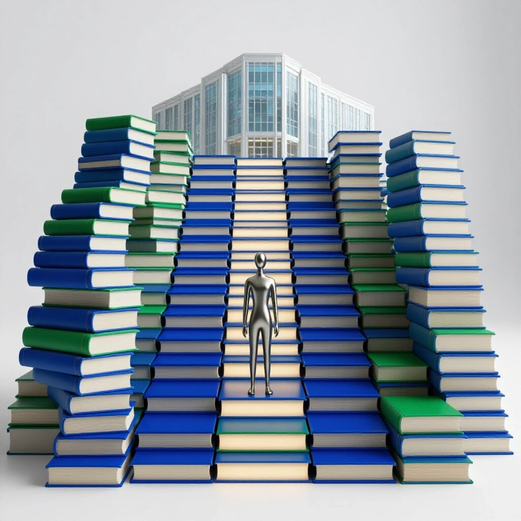 A central staircase made of illuminated blue and green books leads to a bright academic building, symbolizing the journey to a master's degree.