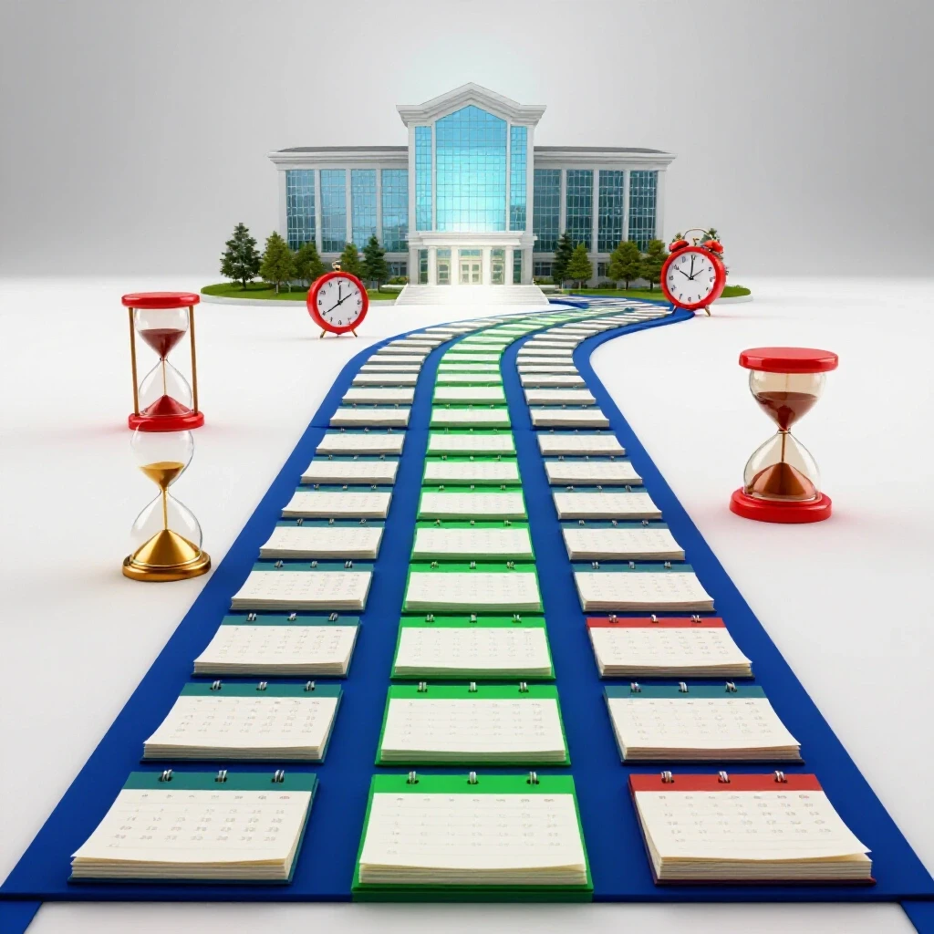 A colorful pathway of calendar pages with clocks and hourglasses leads to a glowing university building.