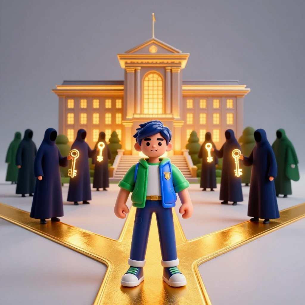 Confident student at crossroads with golden path to a glowing university and shadowy figures offering glowing keys.