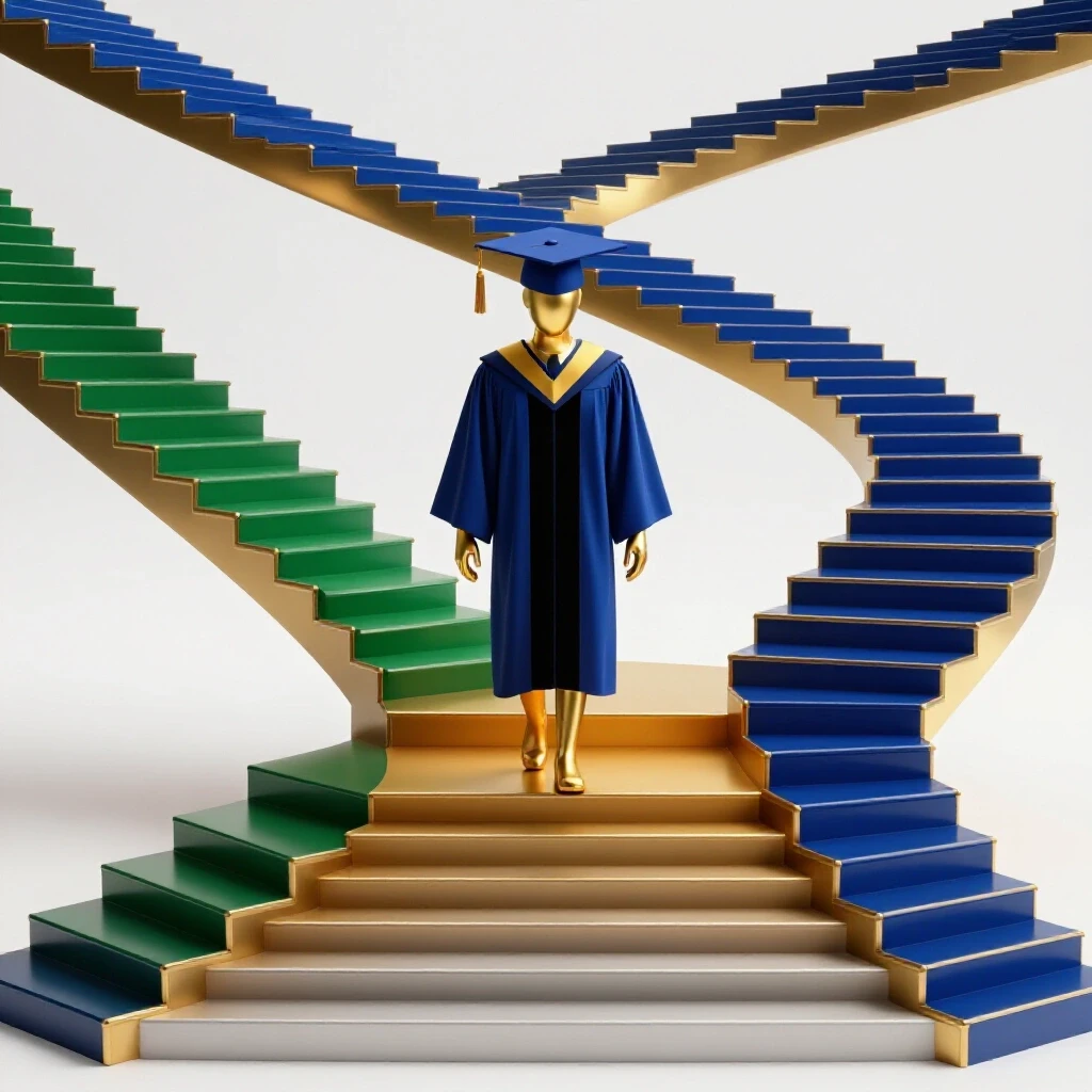 A winding staircase with graduation regalia on an upper step above a diploma step, symbolizing an unconventional academic journey.