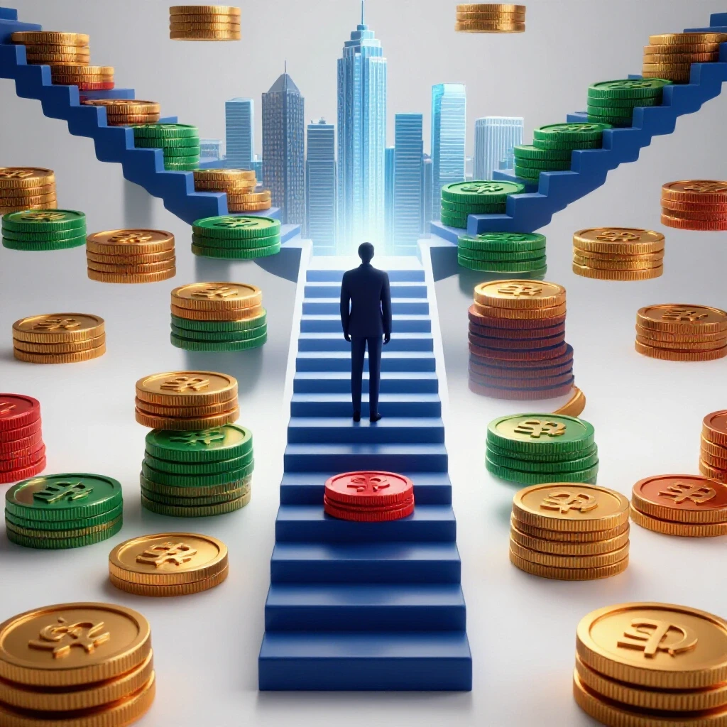 Glossy credit hour icons forming a staircase to a glowing business skyline with a figure pausing midway in contemplation.
