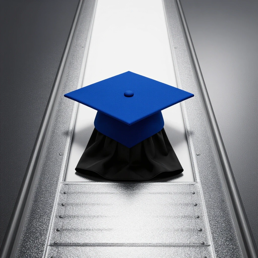 Master's cap and gown draped over a metallic threshold, dividing shadow and brilliant white space