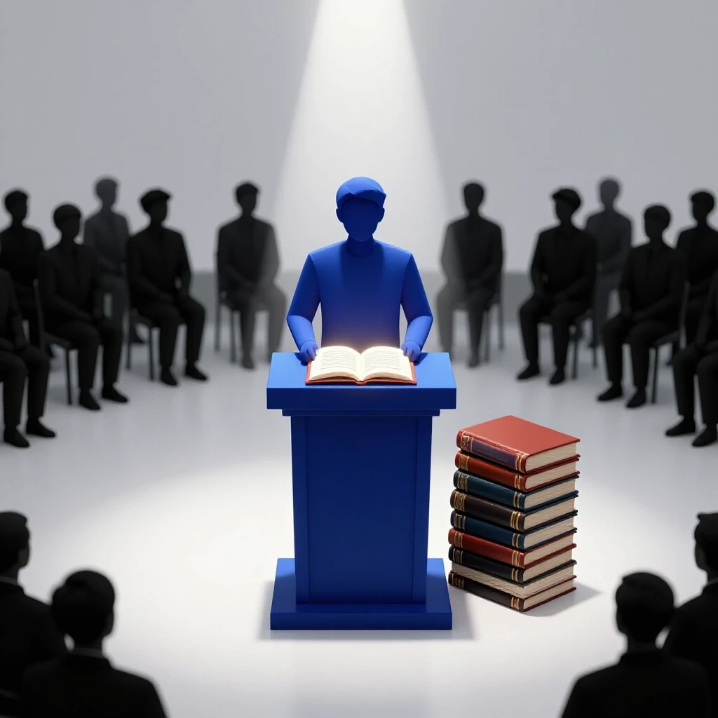 Central podium with a glowing thesis and stack of books under a spotlight, facing shadowy evaluators in a bright studio setting, symbolizing anticipation and achievement.