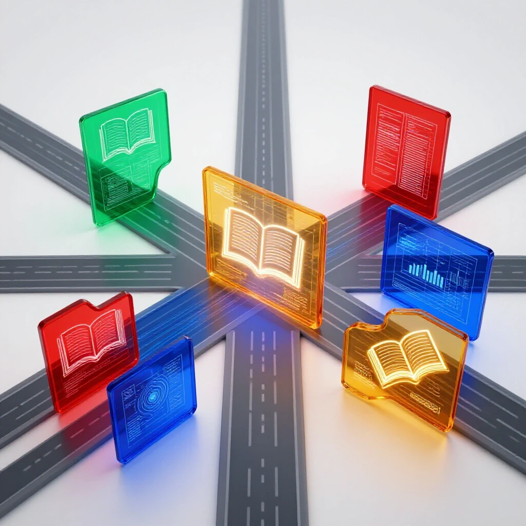 Dynamic crossroads with glowing translucent panels, vibrant academic symbols, and holographic charts on a bright background.