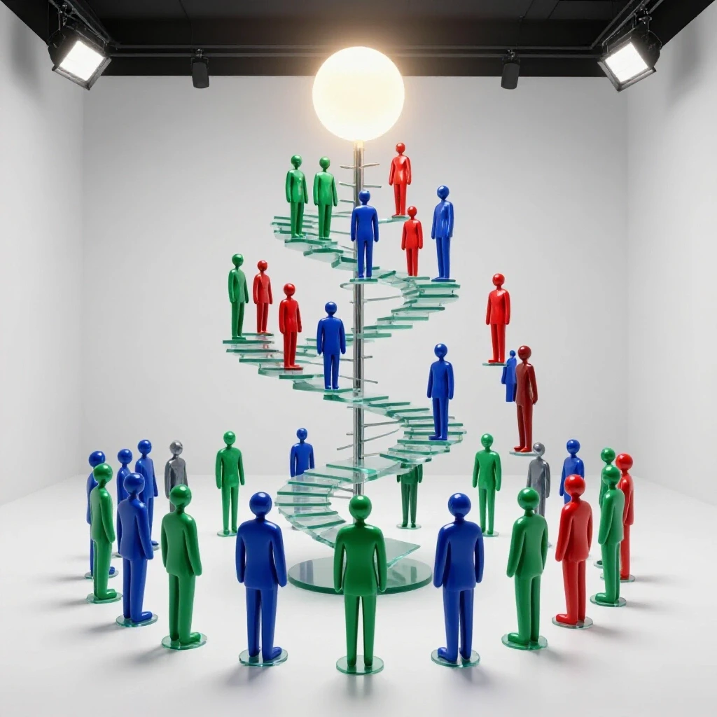 A group of colorful abstract figures ascending interconnected spiral staircases toward a shared glowing goal in a bright studio.
