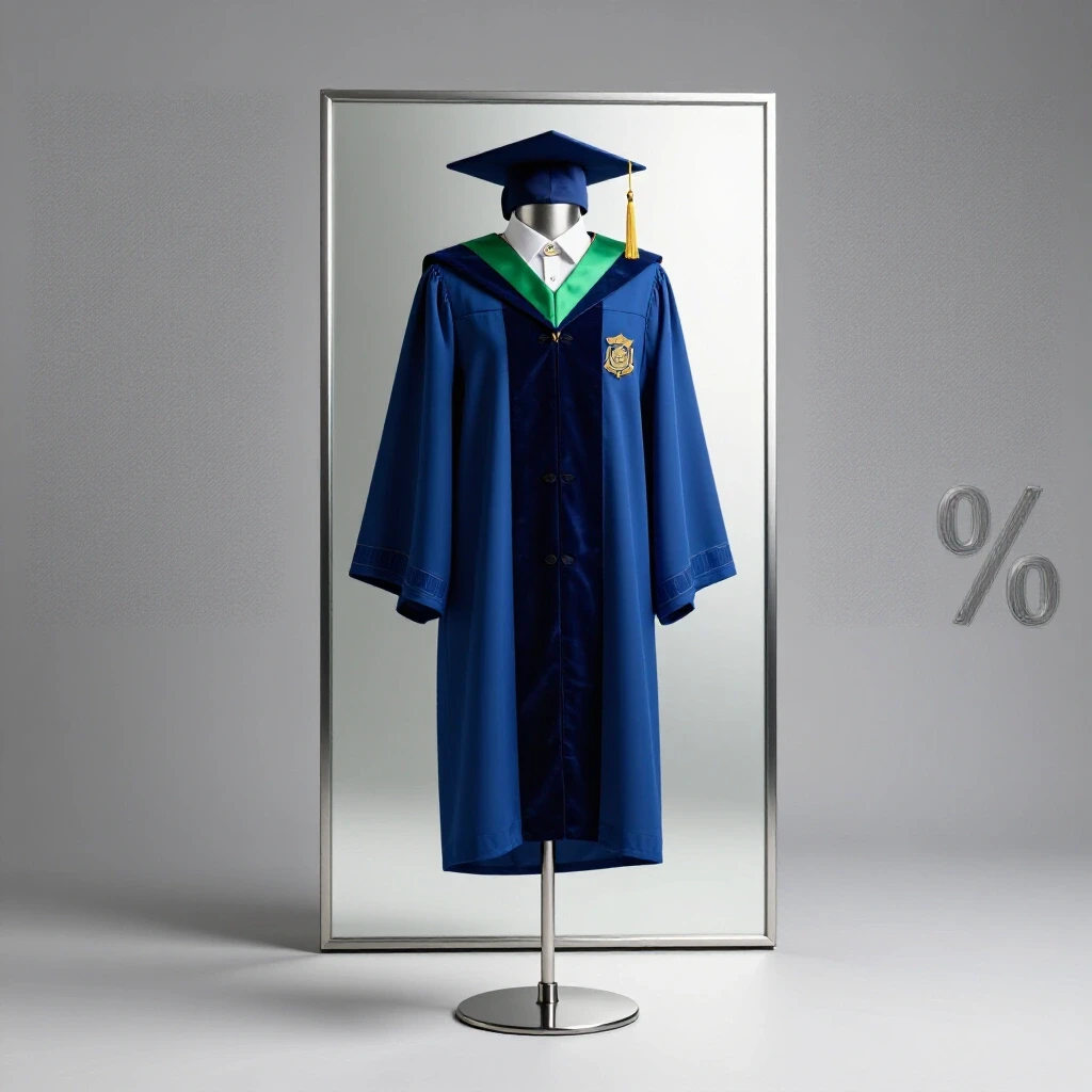 Elegant master's graduation gown and hood with rich accessories displayed on a mannequin before a mirror, in a bright studio.