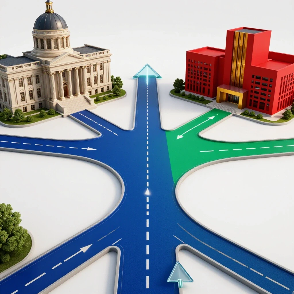 Dramatic crossroads with upward arrows, leading to a university and a community college on vibrant colored paths.