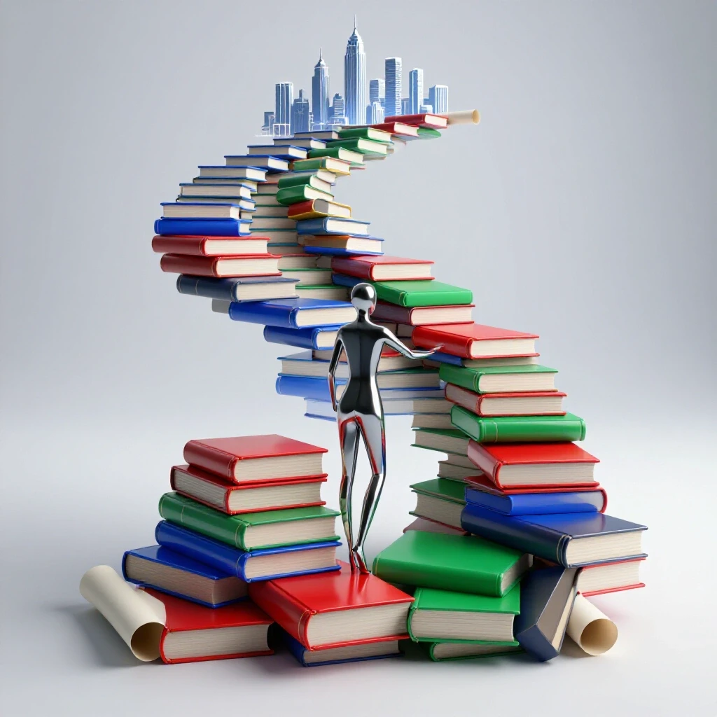 Glossy interlocking books and diploma scrolls form an upward path leading to a glowing city skyline, symbolizing career advancement through a master’s degree.