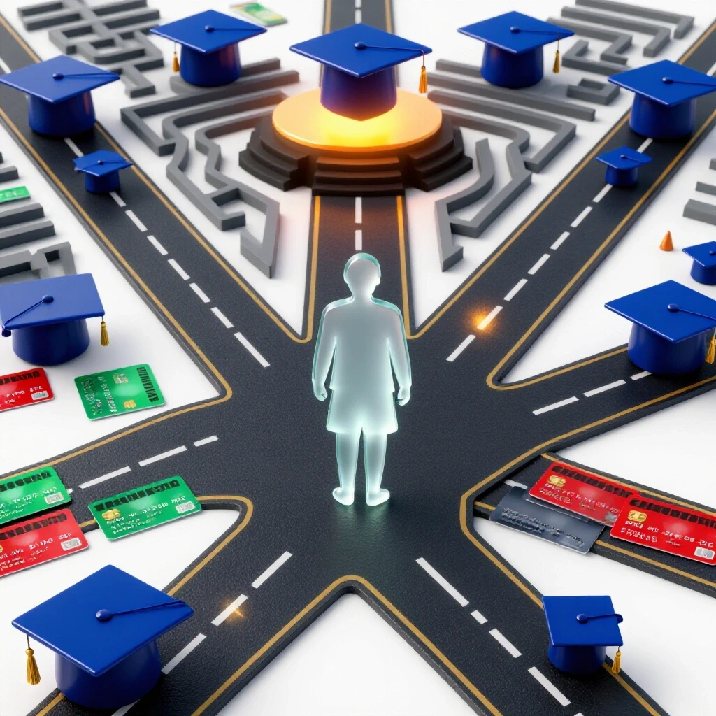 Glossy graduation caps and credit cards form intersecting paths, highlighting choices in education.