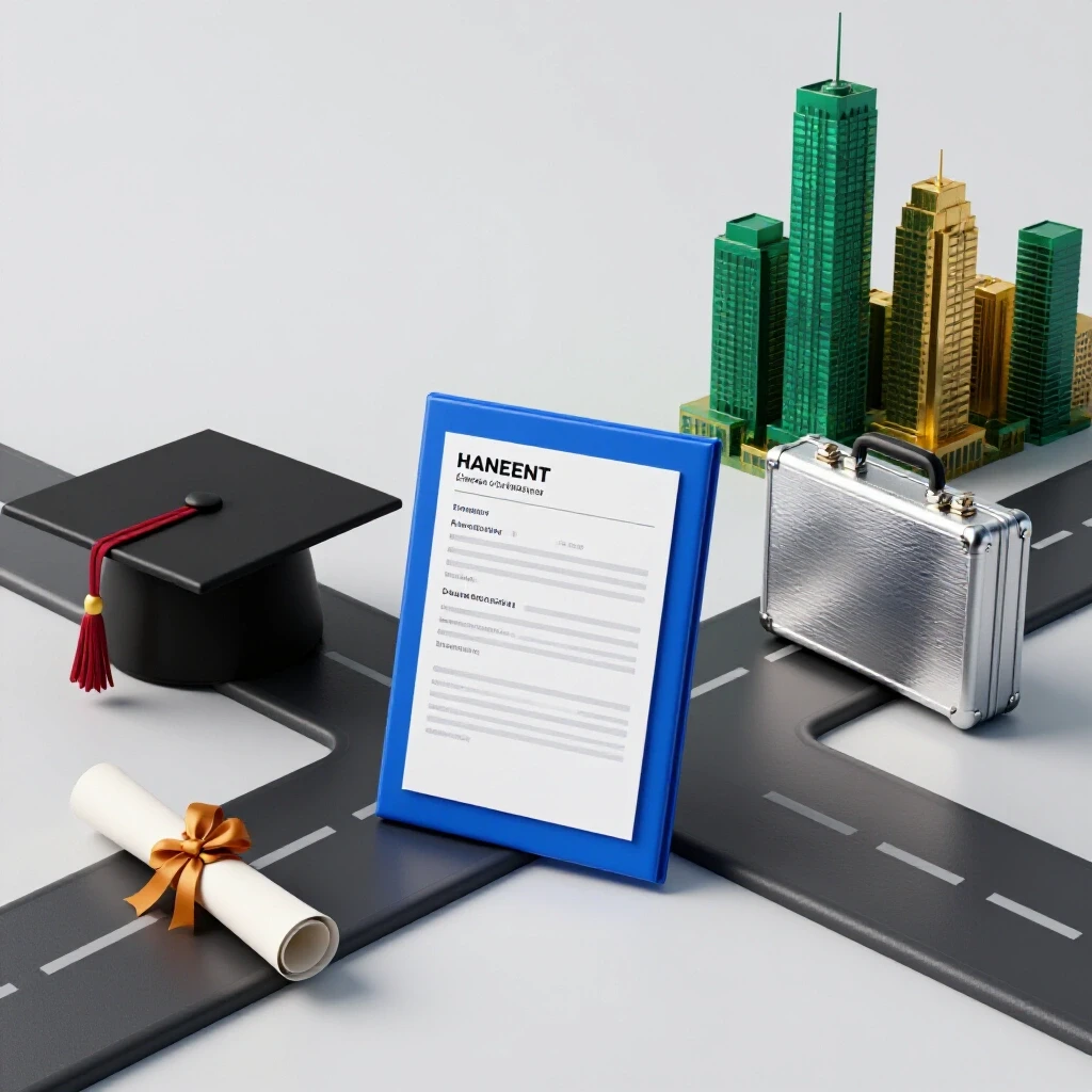 A glossy blue CV stands at a crossroads between academic symbols and professional icons on a bright background.