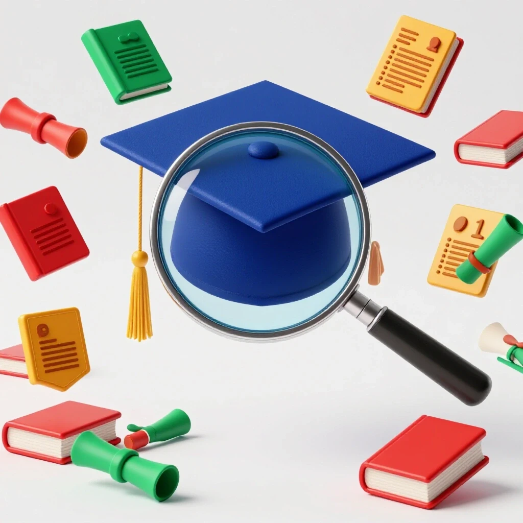 Magnifying glass spotlighting a royal blue graduation cap amid bright, colorful academic symbols on white.