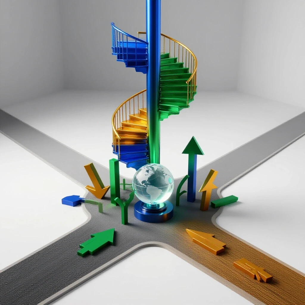 A colorful 3D crossroads with a vibrant spiraling staircase and opportunity symbols beside a fading alternate path