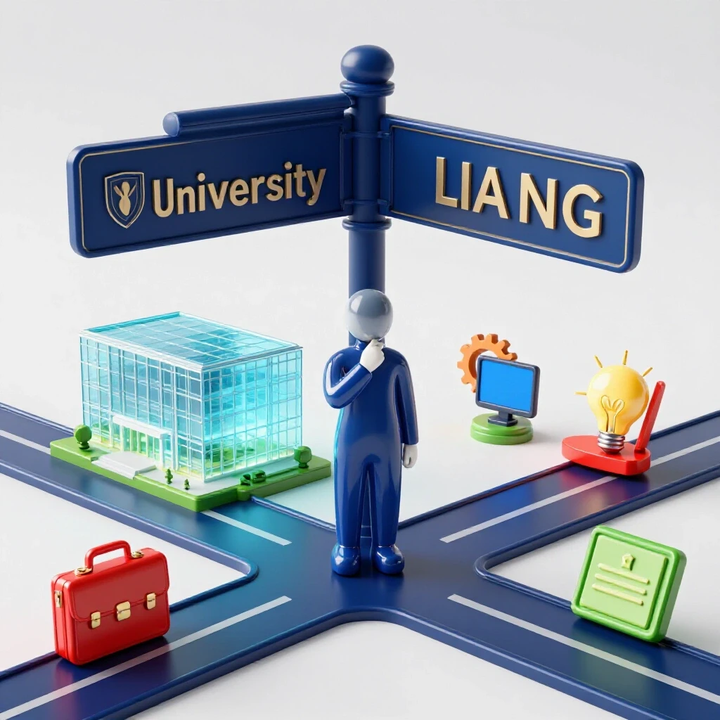 A crossroads with a signpost, one path to a glowing university and the other to colorful career icons, centered on a clean background.