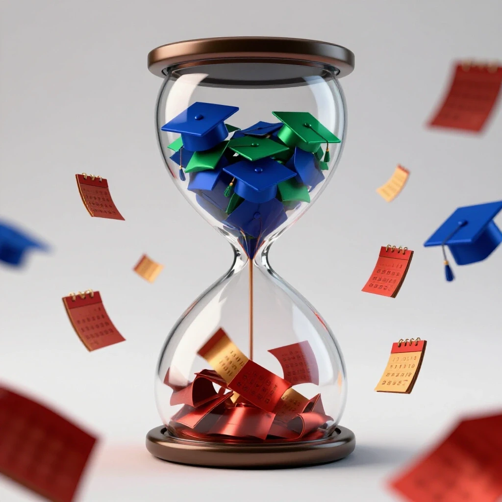 A vibrant hourglass with graduation caps flowing into swirling calendar pages on a bright white background