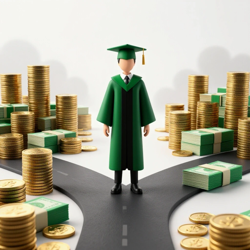 A stylized graduate in cap and gown stands at a crossroads, one path leads to stacks of money, the other fades into mist, with dramatic lighting highlighting financial potential.
