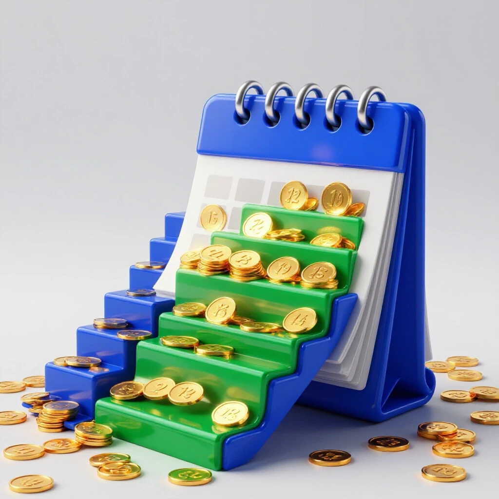 A visually striking calendar transforms into a staircase illuminated by golden coins, centered on a bright background.