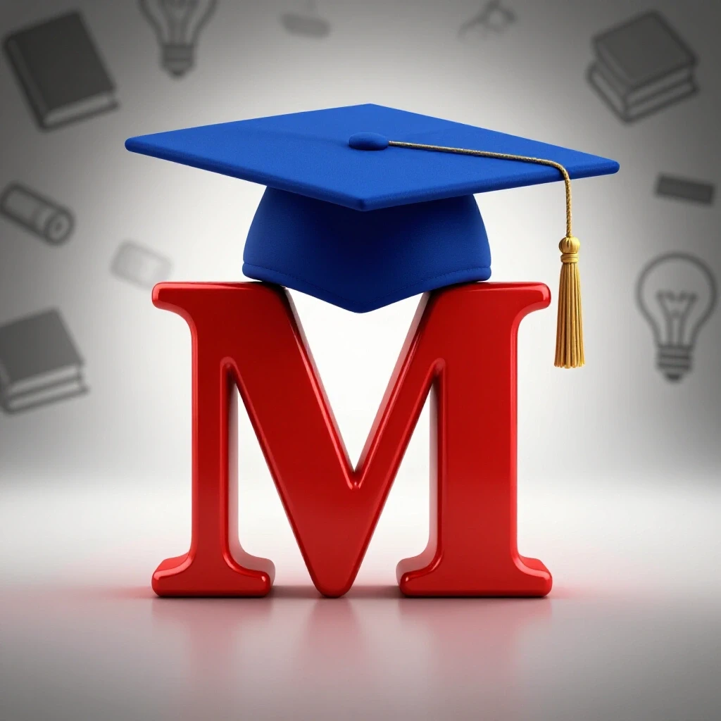 Graduation cap balanced on a glossy metallic red letter M, surrounded by blurred academic symbols on a bright background.
