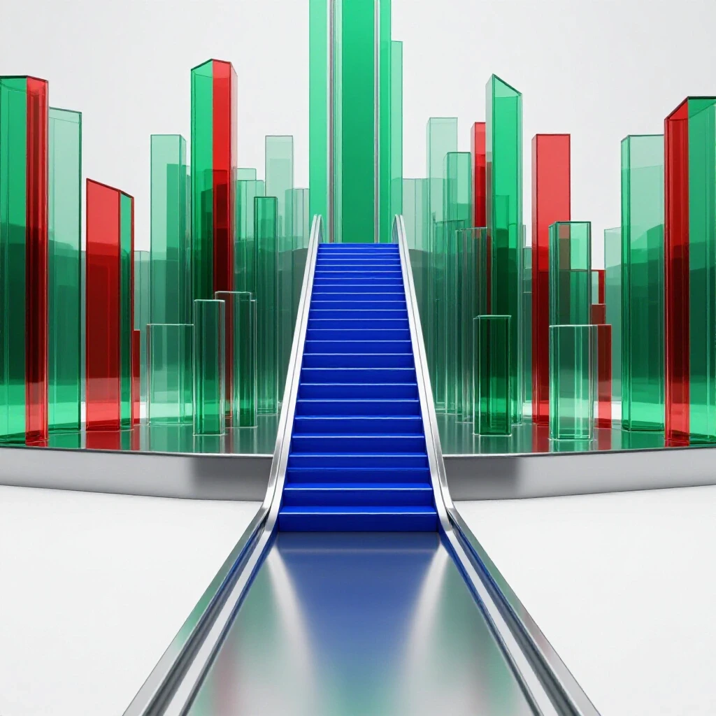 Glossy metallic staircase rising toward a vibrant skyline next to a flat road on a luminous background.