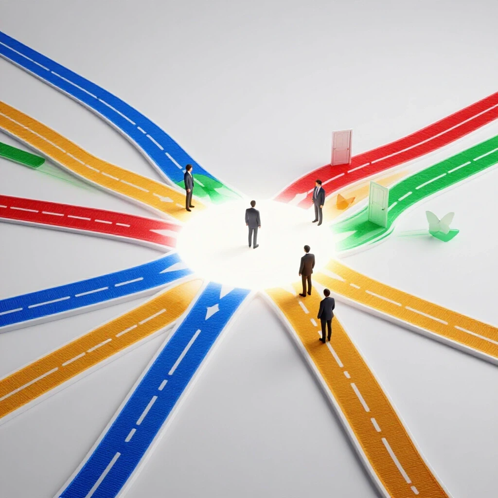 Colorful crossroads with abstract professional figures choosing bold, branching career paths and symbols of change.