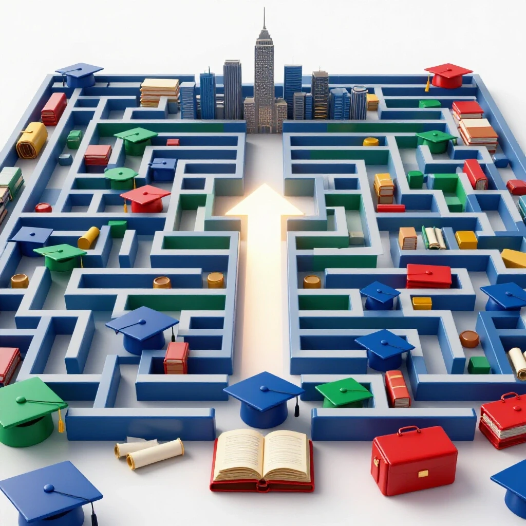 Glossy academic icons form a vibrant maze with a glowing path leading toward a modern city skyline.