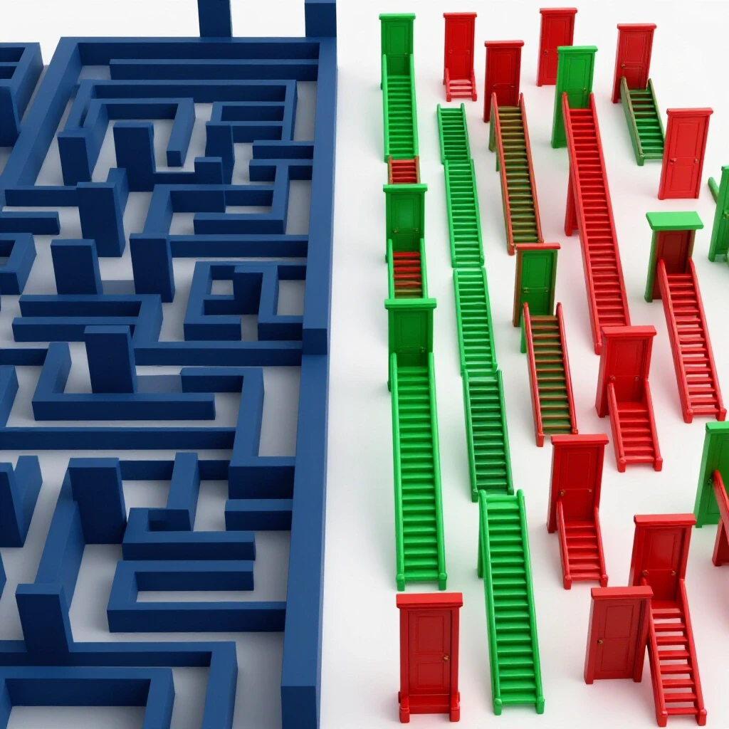 Split-image showing shadowy maze paths on one side and brightly lit colorful career ladders or doors on the other