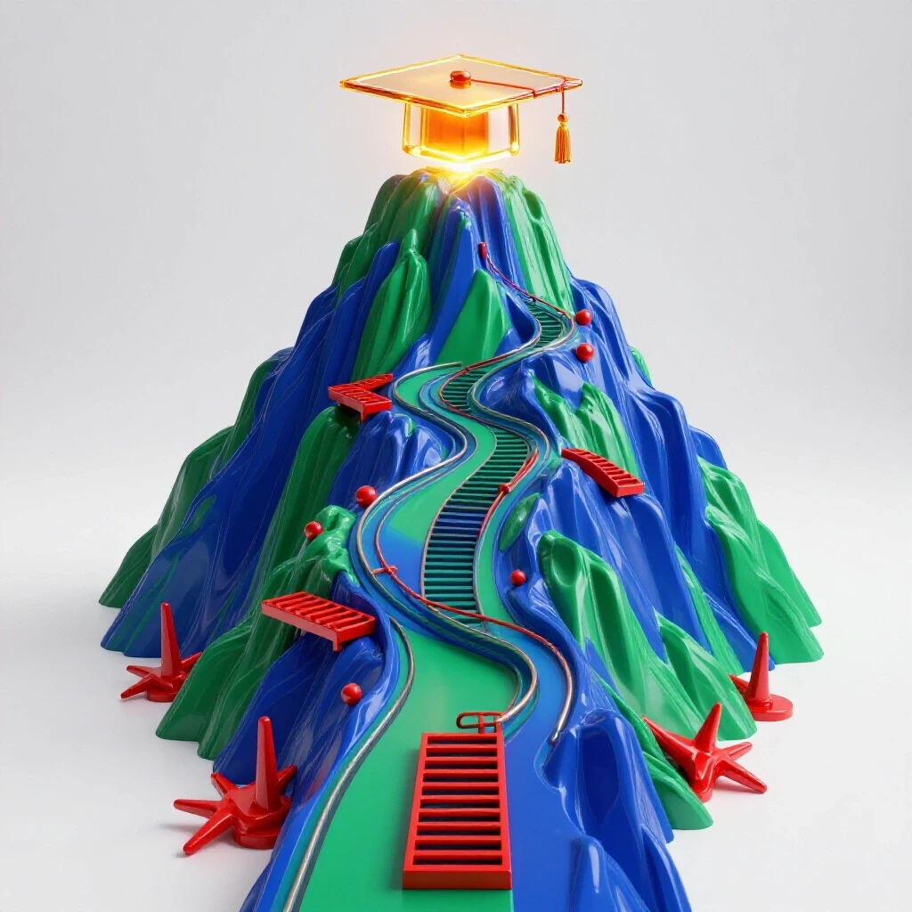 Steep twisting mountain path lined with obstacles, leading to glowing academic cap atop summit, vivid colors.
