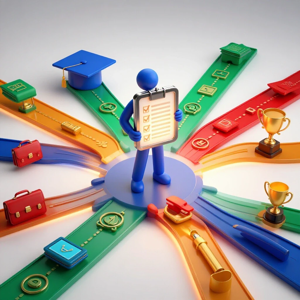 A confident figure holds a glowing checklist at a crossroads, with dynamic rich-colored pathways leading to symbols of academic and career success.
