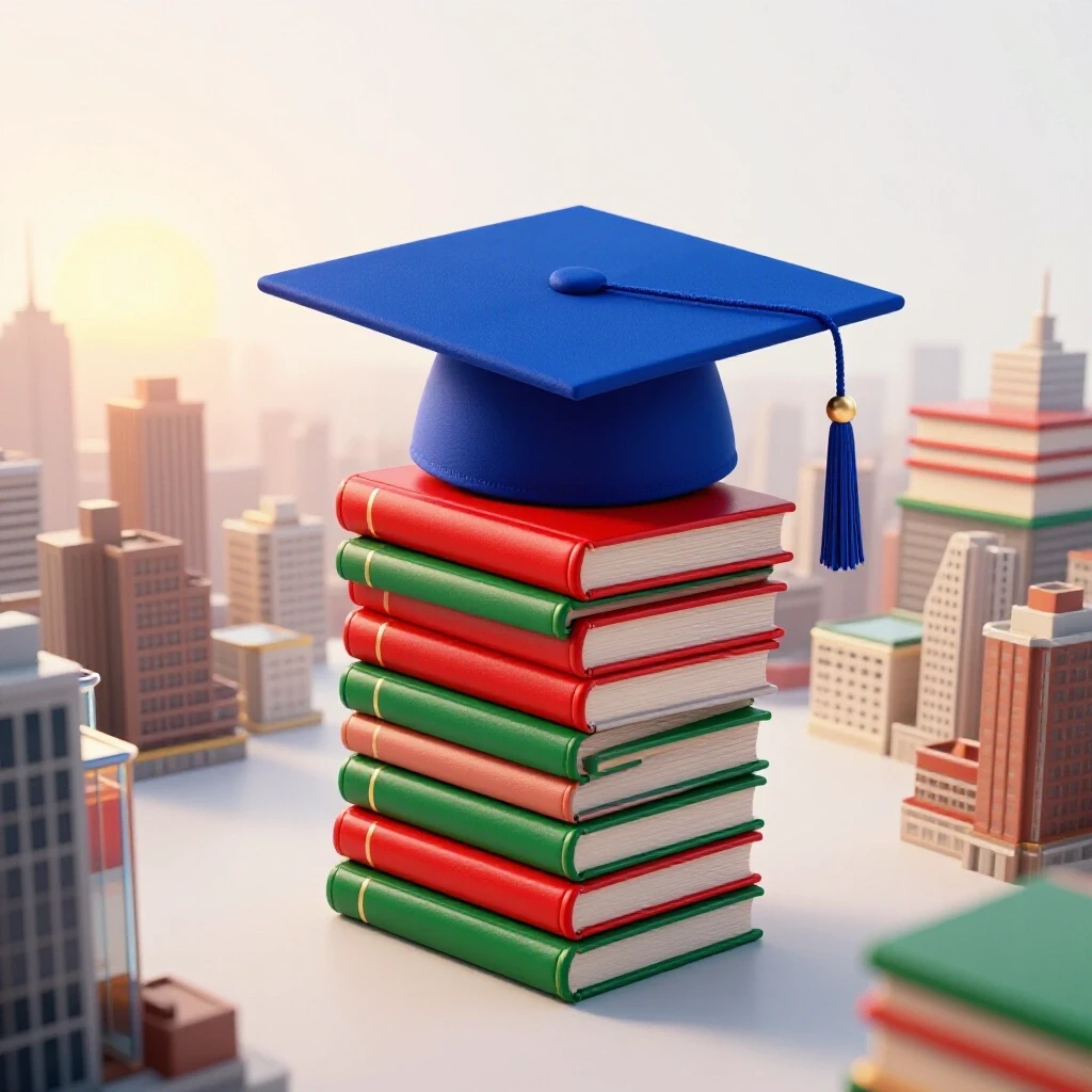 Graduation cap perched atop colorful books gliding through a vibrant sunrise cityscape, symbolizing commuter success.