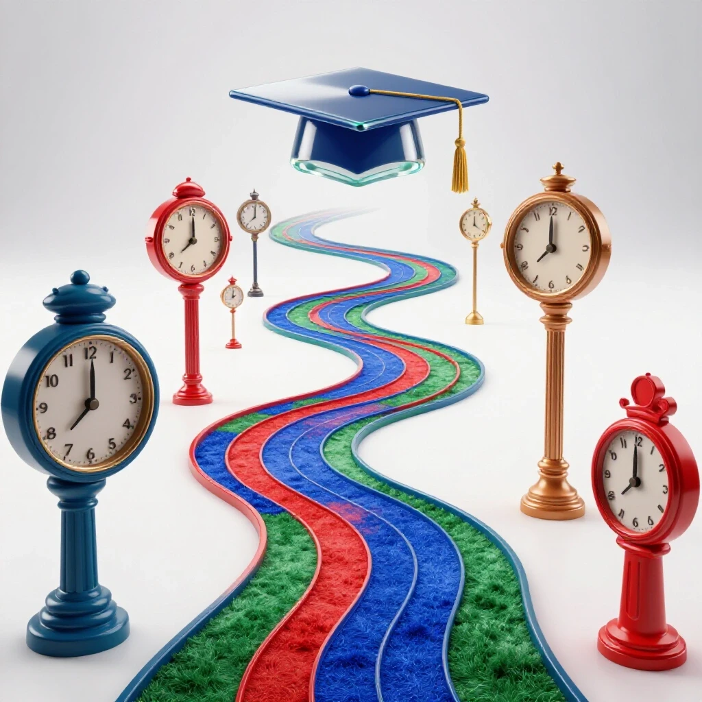 A winding path with colorful milestones and clocks leads to a graduation cap on a bright studio background.