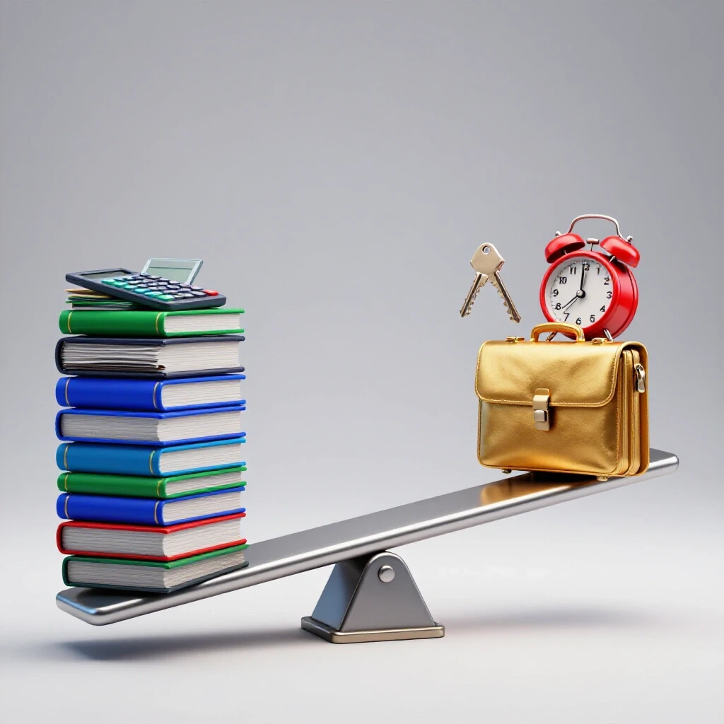 Seesaw balancing colorful academic materials on one side and life symbols like a clock and briefcase on the other, set against a bright studio background.