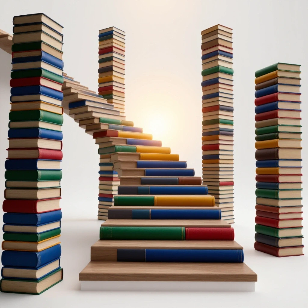 Vividly colored book staircase ascending toward a glowing horizon in a bright studio setting