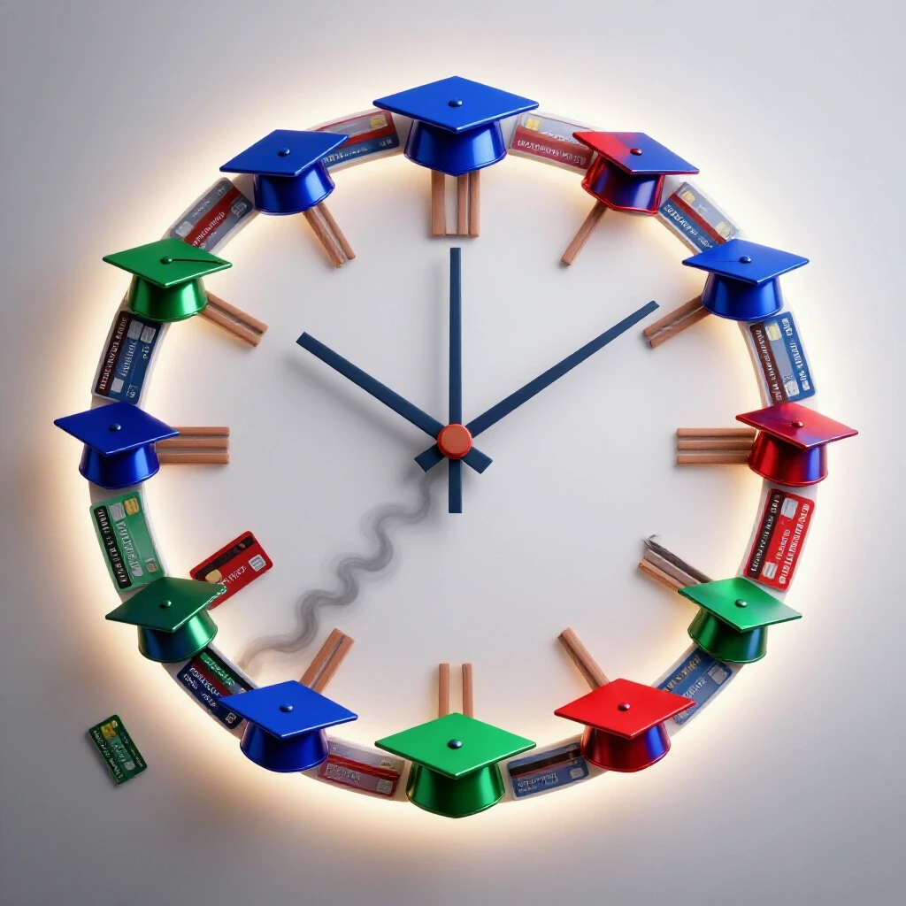 A student figure balances atop a large clock face made of glossy graduation caps and credit cards, with branching foggy pathways symbolizing the challenge of tracking time and credit requirements for a master's degree.