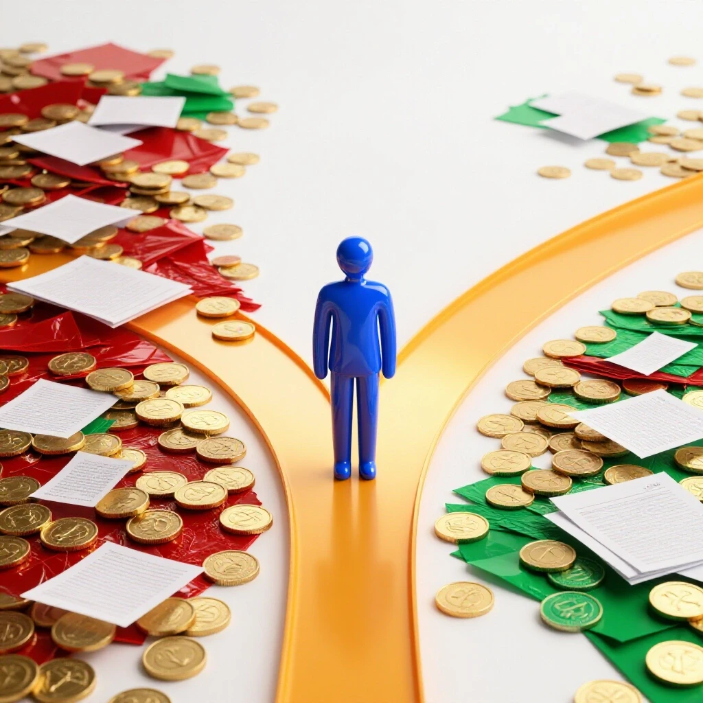 Abstract student figure at a forked path, one side cluttered with coins and paperwork, other side clear and well-lit.