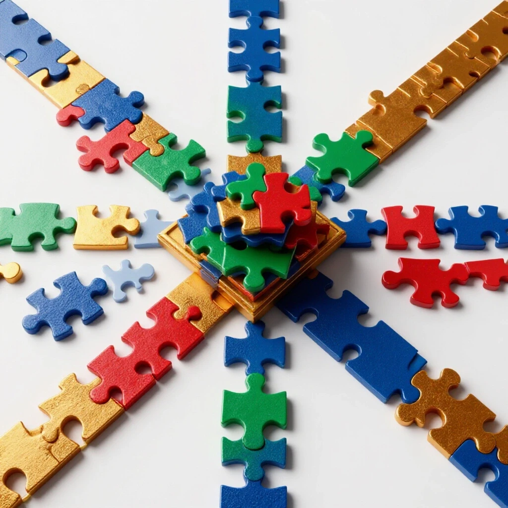 Dynamic crossroads of vibrant puzzle pieces merging at the center to symbolize uniting diverse academic credits into a single, elevated degree journey.