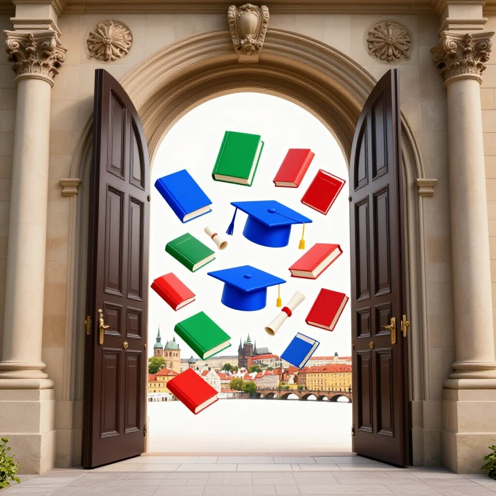 Open doorway of ornate European university with Prague landmarks and academic symbols emerging brightly