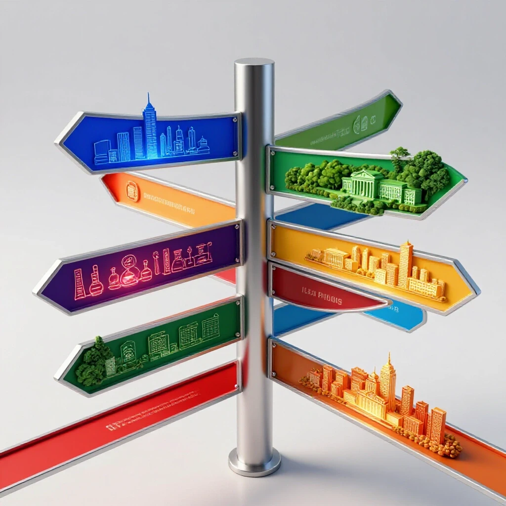 A metallic signpost at a crossroads with vivid colored paths leading to different landscapes symbolizing master's degree options.