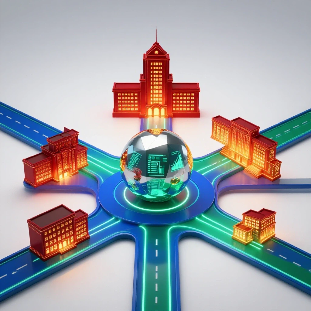 A crossroads with glowing colored pathways, floating data charts, and academic buildings on a bright background.