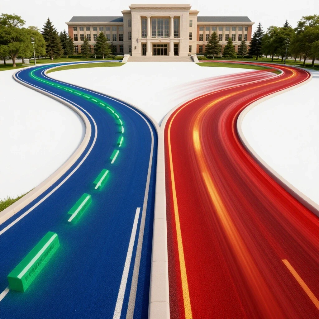 Vivid split path image with a winding road and a fast express lane leading to a bright academic building