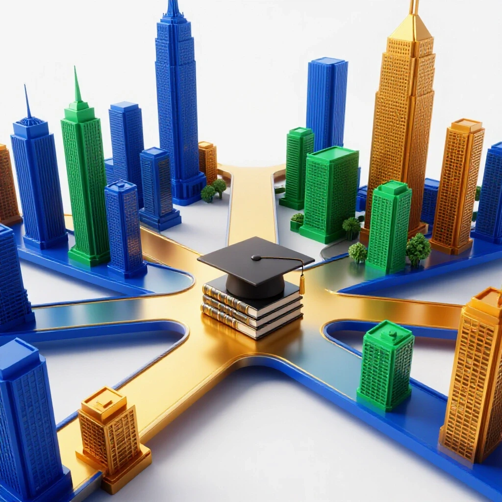Futuristic crossroads of glossy pathways leading to vibrant city skylines with a graduation cap and books at the center, illuminated by golden light.