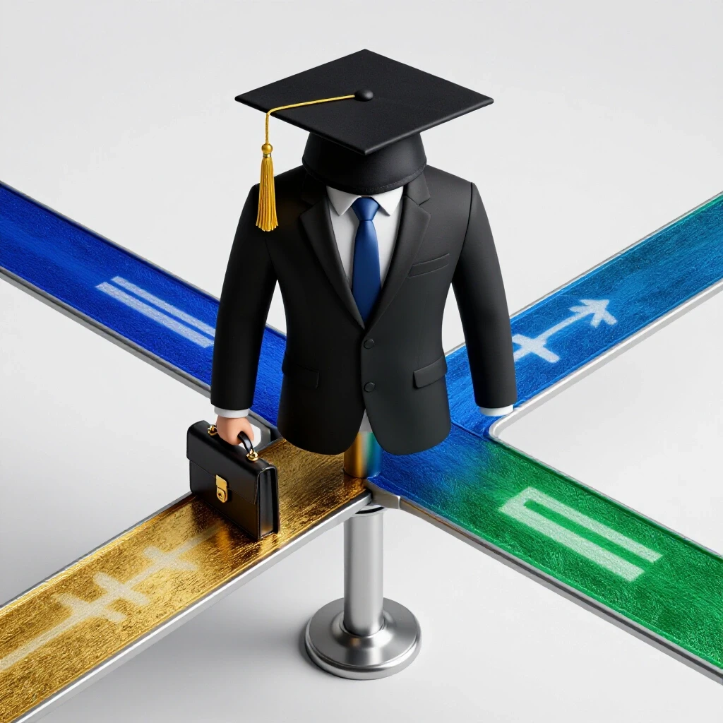 Elegant business suit and graduation cap at a glowing crossroads signpost, symbolizing advanced credentials.